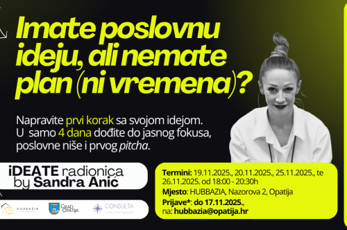 Prijavite se na iDEATE: besplatne radionice poslovnog usmjeravanja i prve validacije vaše poduzetničke ideje (19.–26.11., Opatija)